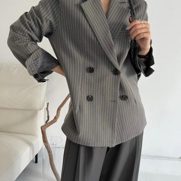 Costumes d'hiver Vintage pour femmes, Blazer à rayures verticales décontracté, ample, imprimé, Double boutonnage, vestes à col de costume