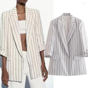 Costumes pour femmes Withered Fashion Vintage Striped Roll Up Sleeve Casual Blazers Women Office Lady Jacket