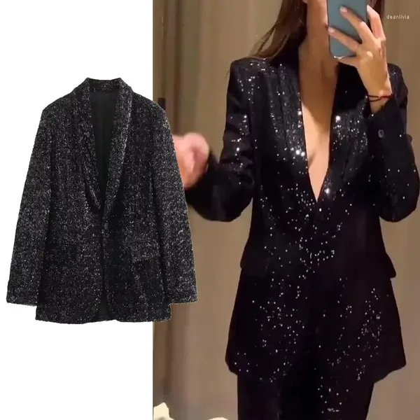 Costumes pour femmes femme ajustée blazer à paillettes noir revers manches longues veste mode brillant poches vêtements d'extérieur décontracté bureau dame travail hauts