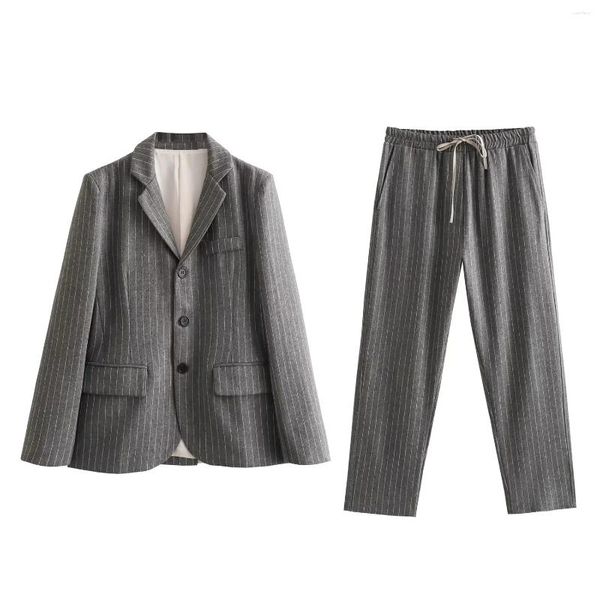 Ternos femininos mulher riscas blazer jaqueta lapela mangas compridas botão outono moda senhora do escritório comute calças largas conjunto