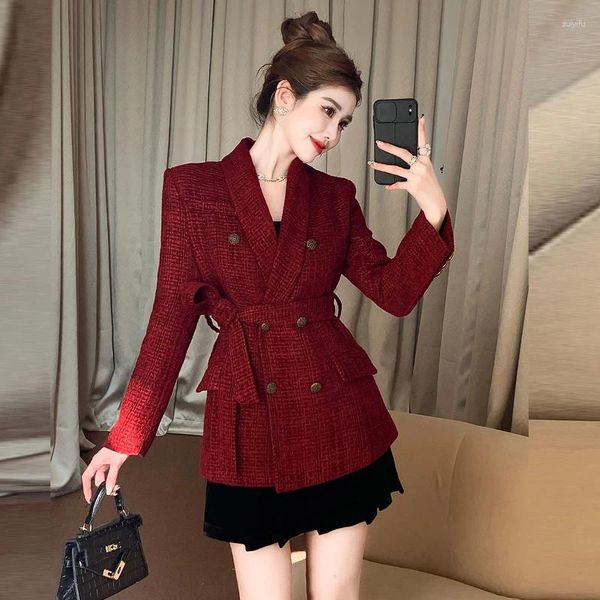 Trajes de mujer Otoño/Invierno acolchado de algodón corto Tweed Blazer abrigo Retro Casual Color sólido cintura suelta chaquetas con cordones