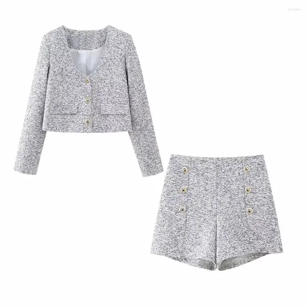 Trajes de mujer moda 2023 Paikou dorado decoración Tweed Blazer abrigo Vintage manga larga bolsillos prendas de vestir exteriores femeninas Chic