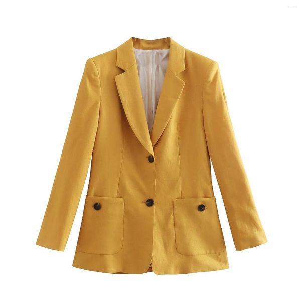 Costumes pour femmes femmes 2023 mode poche plaquée décoré lin Blazer manteau Vintage à manches longues bouton femme vêtements d'extérieur Chic