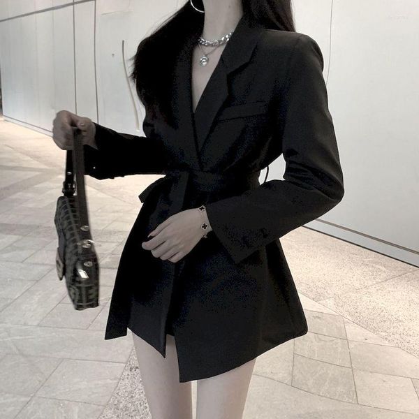 Costumes pour femmes vestes de printemps pour femmes 2023 élégant blanc noir tenue de bureau avec ceinture costume Blazer manteau à manches longues dames robe pour les femmes