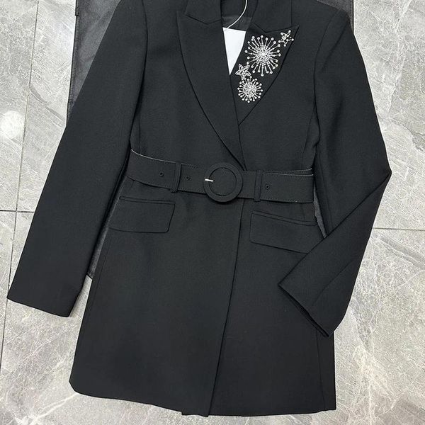 Trajes de mujer, chaqueta con solapa de diamantes negros, abrigos de oficina de alta calidad, cinturón para arriba, hombrera, ropa de pasarela de primavera Y2K