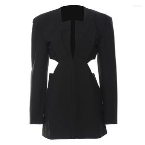 Damespakken Damesblazer Uitgesneden asymmetrische zwarte blazers en jassen Onregelmatige vintage sexy lange winterjas
