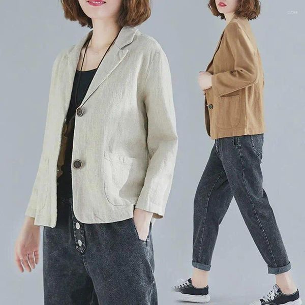 Costumes pour femmes Femmes Blazer Veste Coton Lin Mince Court Lâche Printemps Été Automne Rétro Vintage Mode Casual Noir Blanc Beige Kaki