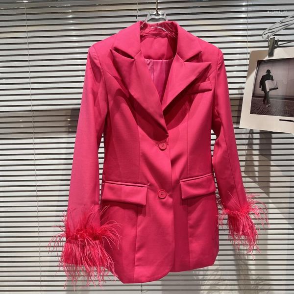 Trajes de mujer Chaqueta de mujer Pelo de avestruz Botonadura única Manga completa Hombro acolchado Traje de mujer Abrigo Chaqueta larga delgada para mujer