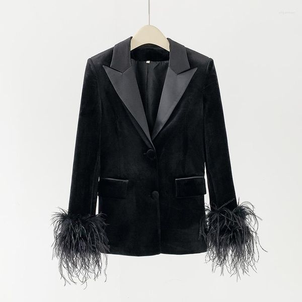 Trajes de mujer Blazer para mujer Solapa en pico Un solo botón Manga larga Terciopelo Empalmado Plumas Traje Chaquetas Otoño Señoras Moda Abrigo Invierno