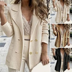 Trajes de mujer Chaqueta tipo cárdigan para mujer, chaqueta lisa con doble botonadura, estilo de viajero, ajustada, con cuello vuelto, chaqueta con botones de manga larga