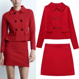 Costumes pour femmes Femmes Double Boutonnage Blazer Automne Rouge 2 Pièces Ensembles Élégant Revers Manches Longues Manteaux Formel Boutonné Droite Outwears