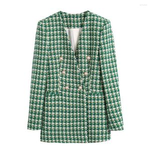 Costumes de femmes Mode Fashion Double Points de tweed Blazer Mabilleur Vintage Long Manche à manches Long