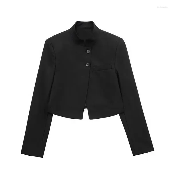 Trajes de mujer moda mujer botón frontal ajustado Crop Blazer abrigo Vintage cuello alto manga larga prendas de vestir exteriores femeninas Chic Vestes Femmes