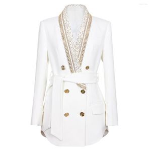 Costumes pour femmes Femmes Mode Long Blazer avec ceinture 2023 Automne Blanc Noir Diamants Patchwork Double Boutonnage High Street Chic Veste Manteaux