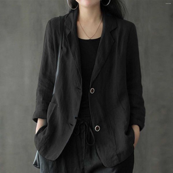 Trajes de mujer moda mujer sólido frente abierto manga larga bolsillo traje Blazers botón ropa de abrigo de lino abrigo atlético Retro Jumper Punk