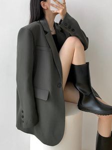 Costumes pour femmes Femmes Gris Blazers Élégant Lâche Rétro Bouton Unique Coréen Streetwear Bureau Dames Manteaux Veste Décontractée Vêtements 2023