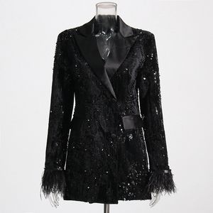 Femmes Patchwork plumes manchette solide Blazers paillettes ensemble femme à manches longues col tailleur noir Blazer filles mode costume