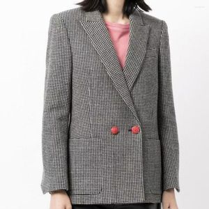 Costumes pour femmes Costume à carreaux pour femmes Manteau cranté à manches longues Poches à double boutonnage Office Lady Blazer