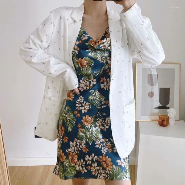 Trajes para mujeres Blazers para mujeres 2022 Mujeres Autumn Summer Blazer Blazer estampado de flores Traje de manga larga Palacetas Patched White