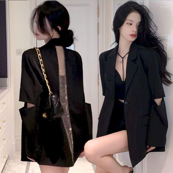 Trajes de mujer, Blazer con cadena Sexy para mujer con espalda recortada, moda coreana 2023, chaquetas finas holgadas negras para abrigos elegantes y elegantes para mujer