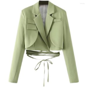 Costumes pour femmes femmes Slim vert Blazers printemps 2023 couche attachée recadrée veste Femme Chic hauts Femme à manches longues court cravate costume manteau