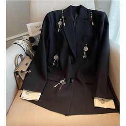 Ternos femininos mulheres primavera outono diamantes chave pingentes borlas preto blazer casaco strass frisado corrente franjas jaqueta ol cardigan tops