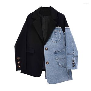 Damespakken Dames Vintage Mode Blazer Denim Patchwork Jassen 2023 Herfst Winter Onregelmatige Jas Lange Mouw Losse Koreaanse Bovenkleding