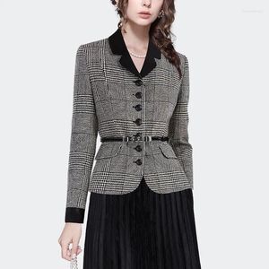 Costumes pour femmes Femmes Vintage Gris Plaid Veste avec ceinture 2023 Automne Hiver Élégant Minceur Femme Manteau Court Travail Casual Blazer