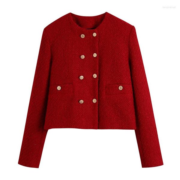 Costumes pour femmes Femmes Vintage Rouge Tweed Blazer Femme À Manches Longues Veste Élégante Dames Récolte BE318