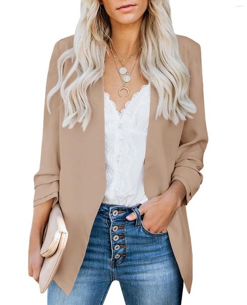 Costumes pour femmes Femmes Jolie Blazer Froncé Manches 3/4 Ouvert Devant Coupe Relax Bureau Léger Cardigan Veste Blazers Manteaux