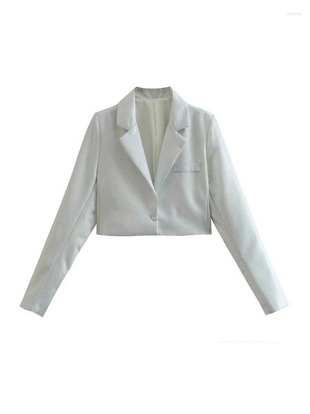 Costumes pour femmes femmes décontracté simple boutonnage taille haute gris Blazers femme mode brillant court bureau Blazer dames couleur argent vestes