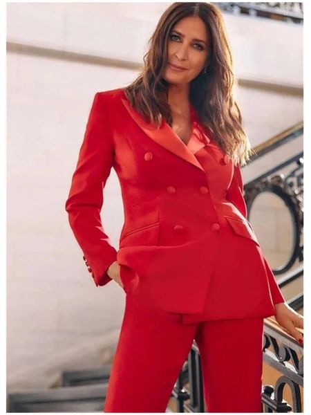 Trajes de mujer, chaquetas largas informales con dos bolsillos, prendas de vestir, moda 2024, chaquetas ajustadas rojas de oficina con doble botonadura para mujer