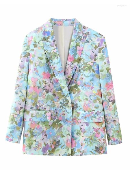 Costumes pour femmes Femmes Élégant Fleur Imprimer Printemps Lâche Blazers Filles À Double Boutonnage Mode Droite Vestes Femme Satin Sentiment Outwear