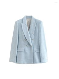 Damespakken Xeasy 2023 vrouwen herfst mode textured blazer vintage lange mouw dubbele borsten flapzakken vrouwelijk chique jas