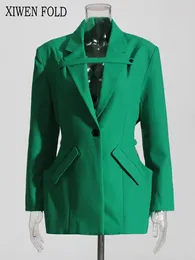 Suits de mujeres Xiwen 2024 Summer Hollow Out Winist Color sólido Single-Button Highwaist vendage elegante diseño chic blazer XF1878
