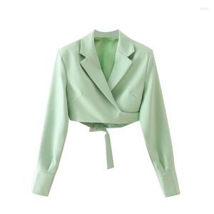 Damespakken Xnwmnz 2022 Vrouw Crop Jacket Tops Autumn Retro Ingeparte kraag Buckle Strap Detail wrap blazer groene jas hoog taille pak