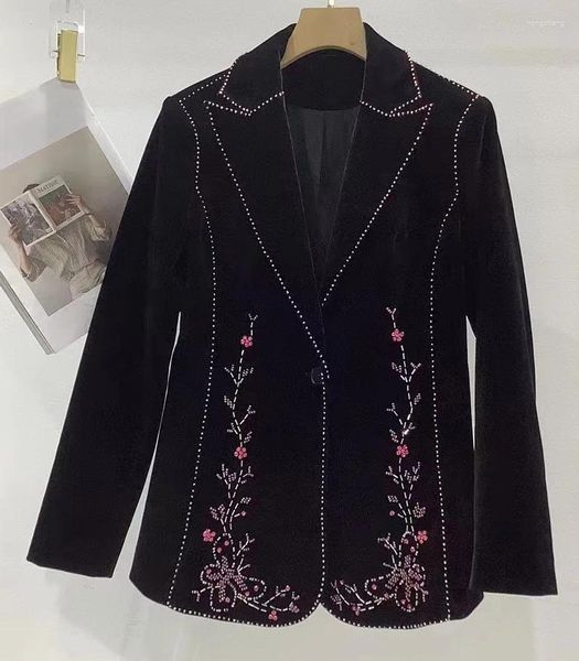 Trajes de mujer abrigo XXL Blazers 2023 Otoño Invierno prendas de vestir exteriores mujeres cuello entallado rebordear Deco manga larga Casual terciopelo negro