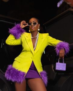 Costumes pour femmes Robe jaune Blazer Violet Furffly artificiel Veste de luxe à la mode Fluff Amovible Bureau Affaires Dames Porter Manteau