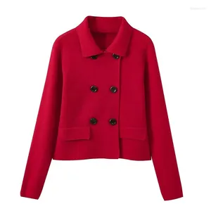 Costumes pour femmes YENKYE Mode Femmes Rouge Double Boutonnage Blazer En Tricot Élégant Col À Revers À Manches Longues Femme Costume Manteau