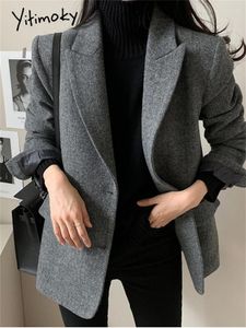 Costumes pour femmes Yitimoky Laine Lâche Femmes Blazer 2023 Mode Bureau Dames Bouton Up Turn Down Col Manteaux Vintage À Manches Longues Chic Veste