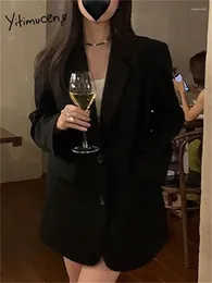 Damespakken Yitimuceng Zwarte Blazer Vrouwen 2024 Oversized Koreaanse Mode Lange Mouw Chique Jasje Kantoor Dames Met Knopen Effen Jassen