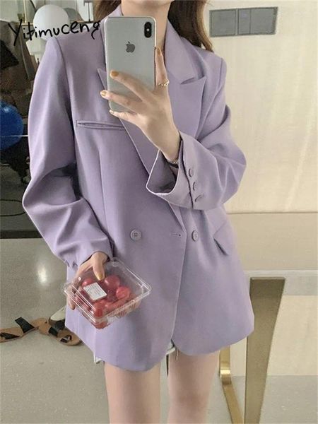 Trajes de mujer Yitimuceng chaqueta púrpura para mujer de manga larga con doble botonadura chaqueta informal de oficina para mujer abrigos elegantes coreanos elegantes