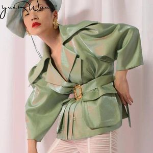 Costumes pour femmes Yuerwang femmes Blazer à manches courtes à volants ceinture dorée 2024 printemps été manteau livraison directe mode Vintage