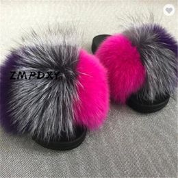 Femmes été Anderson moelleux pantoufles enfants/enfants réel fourrure de renard diapositives dames mignon peluche renard cheveux chaussures femme fourrure sandales X0523