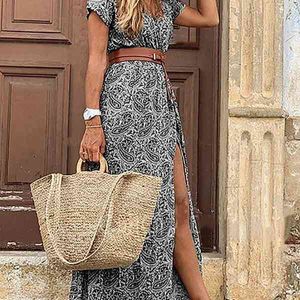 Dames Zomer Strand Maxi DR2021 Korte Mouw Groen Wit Floral Boho Casual Sexy Party Lange Chiffon Wrap Dresses X0621