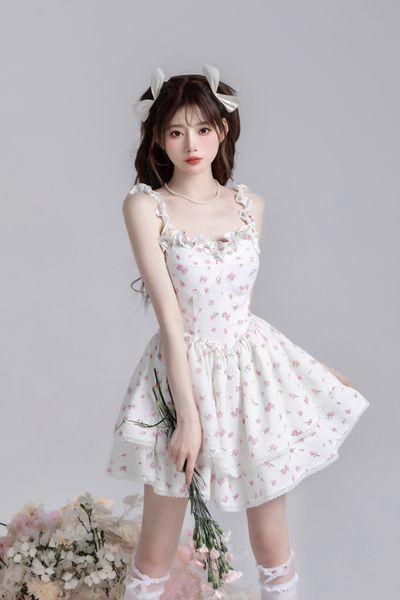 Robes de style princesse mignonnes d'été pour femmes bretelles spaghetti imprimé fleurs taille haute robe de bal mini robes courtes SMLXL