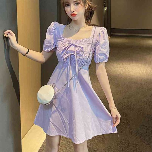 Robes d'été pour femmes manches bouffantes vacances décontracté taille haute volants à la mode à lacets doux mignon Mini robe Vestidos 210514