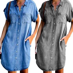 Dames zomerse mode Solid Turn Down Neck Blue Jeans denim shirt jurk korte mouw zakken zakken met een borste damesjurk X0705