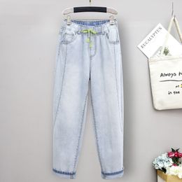Dames zomerjeans Nieuwe effen kleur Topkwaliteit Mode Enkellange denimbroek Lady Baggy elastische taille Trekkoord Losse casual jeans