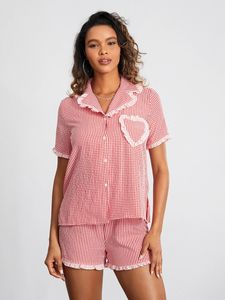 Pyjama d'été pour femmes, ensemble Short et haut à carreaux à boutons, manches courtes, hauts à revers et 2 pièces, vêtements de nuit de salon, PJ 240228